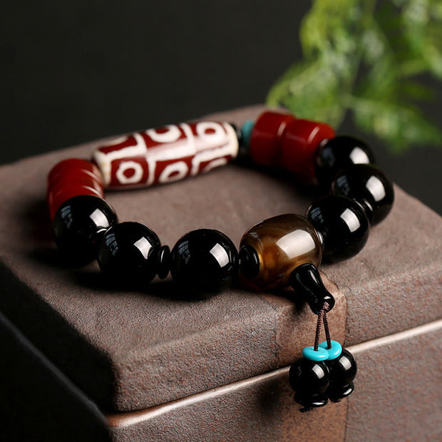 Buddha Stones Tibetan Nine-Eye Dzi Bead Black Onyx Wealth Protection Bracelet Bracelet BS 7