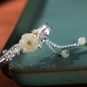 Buddha Stones 925 Sterling Silver Hetian White Jade Flower Blessing Hairpin Decorations BS 10