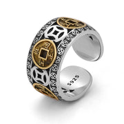 Buddha Stones Five-Emperor Coins Balance Adjustable Ring Rings BS Golden