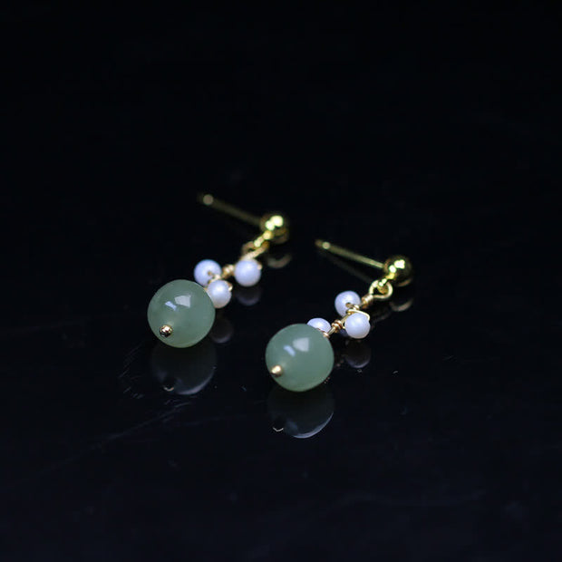 Buddha Stones Hetian Jade Flower Pattern 14K Gold Plated Luck Drop Dangle Earrings Earrings BS 9