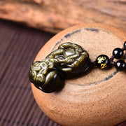 Buddha Stones FengShui Gold Sheen Obsidian PiXiu Wealth Necklace Necklace BS 2