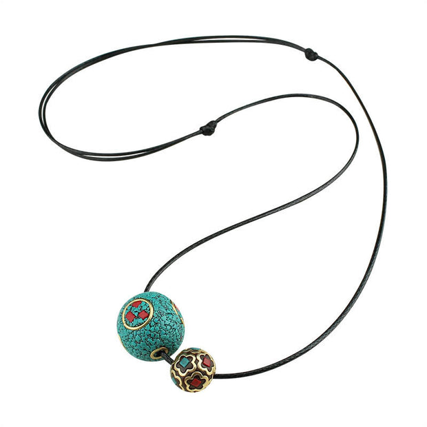 Buddha Stones Tibetan Turquoise Double Bead Protection Strength Necklace Pendant Necklaces & Pendants BS 10