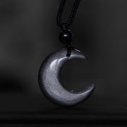 Buddha Stones Natural Silver Sheen Obsidian Selenite Crystal Crescent Moon Yin Yang Couple Protection Necklace Pendant Necklaces & Pendants BS 3
