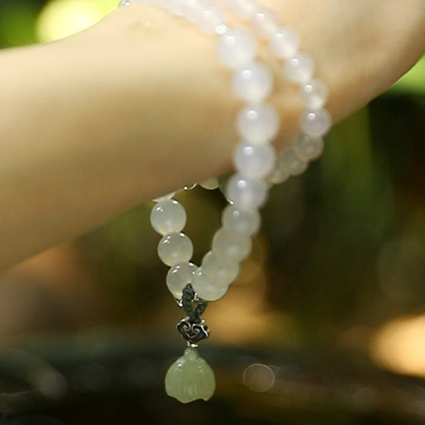 Buddha Stones White Agate Jade Lotus Protection Bracelet Bracelet BS 4