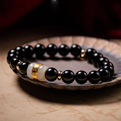 Buddha Stones Black Obsidian Jade Om Mani Padme Hum Strength Couple Magnetic Bracelet Bracelet BS 10mm