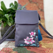 Buddha Stones Waterproof Handmade Embroidered Lotus Flowers Crossbody Bag Shoulder Bag Cellphone Bag Bag BS Gray Lotus Dragonfly