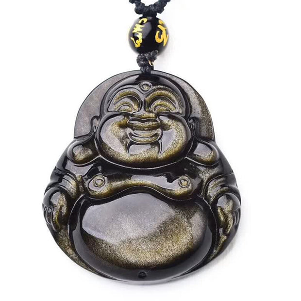 Buddha Stones Laughing Buddha Gold Sheen Obsidian Wealth Necklace Pendant Necklaces & Pendants BS 6