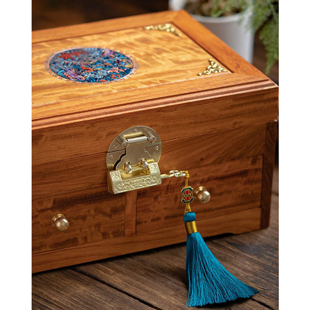 Buddha Stones Antique Handmade Rosewood Jewelry Storage Box Lockable Large Double Layer Flower Wooden Gift Organizer Box