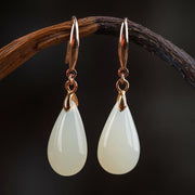 Buddha Stones Hetian White Jade Water Drop Luck Blessing Dangle Earrings Earrings BS 11