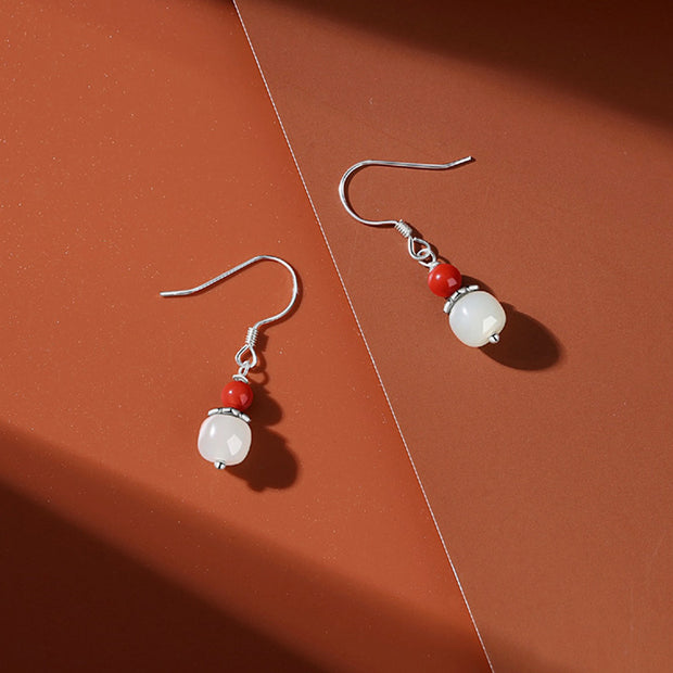 Buddha Stones 925 Sterling Silver Hetian White Jade Pumpkin Red Agate Luck Drop Earrings Earrings BS 1