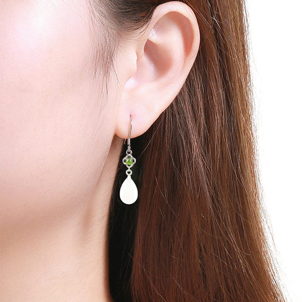 Buddha Stones 925 Sterling Silver Natural Hetian White Jade Water Drop Design Protection Drop Dangle Earrings Earrings BS 4