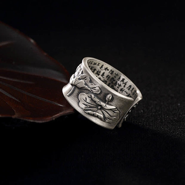 Buddha Stones 999 Sterling Silver Luck Koi Fish Lotus Heart Sutra Wealth Ring Ring BS 17