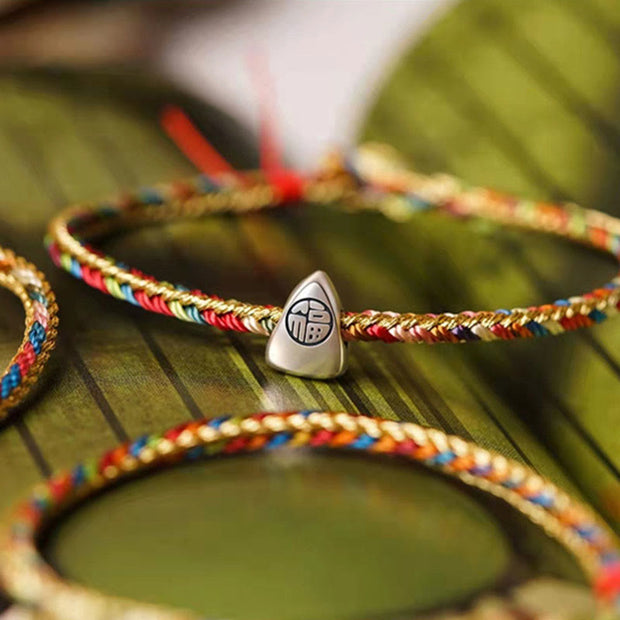 Buddha Stones 925 Sterling Silver Fu Character Zongzi Pattern Multicolored String Luck Handmade Braided Bracelet
