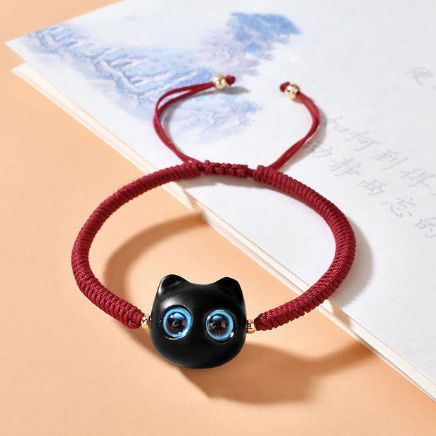Buddha Stones Ebony Wood Cat Head Pattern Peace King Kong Knot Braided Bracelet