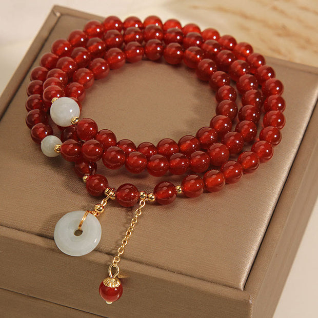 Buddha Stones Natural Red Agate Jade Peace Buckle Calm Triple Wrap Bracelet Bracelet BS 4