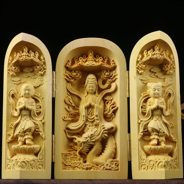 Buddha Stones Hand-carved Portable Buddha Boxwood Serenity Home Decoration Altar Prayer Altar BS Dragon Avalokitesvara Kwan Yin
