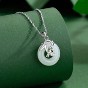 Buddha Stones 925 Sterling Silver Hetian Jade Bamboo Leaf Peace Buckle Prosperity Necklace Pendant