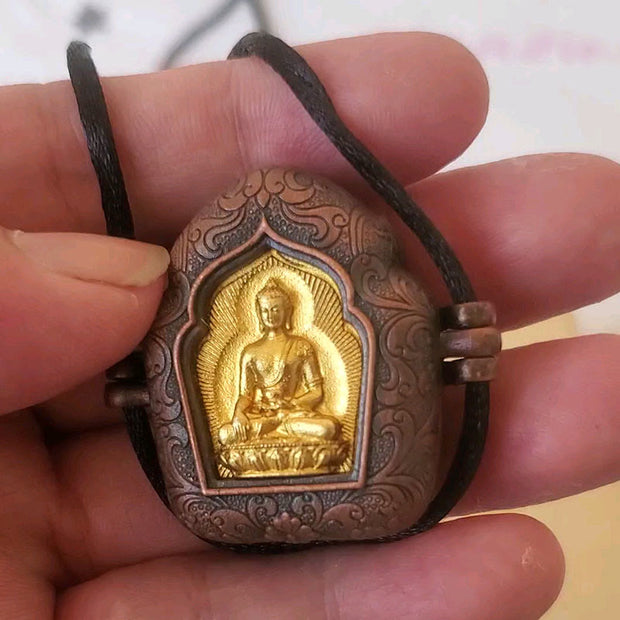 Buddha Stones Tibetan Gold Buddha Double Dorje Copper Serenity Ghau Prayer Box Necklace Pendant Necklaces & Pendants BS 4
