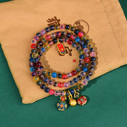 Buddha Stones Colorful Candy Agate Gold Swallowing Beast Family Strength Charm Triple Wrap Bracelet