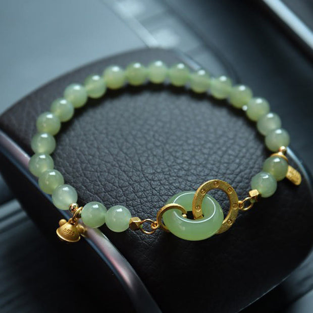 Buddha Stones 925 Sterling Silver Plated Gold Natural Hetian Jade Bead Gourd Lotus Bamboo Fu Character Luck Bracelet Bracelet BS 6mm Hetian Jade Double Peace Buckle Fu Character(Wrist Circumference 14-16cm)