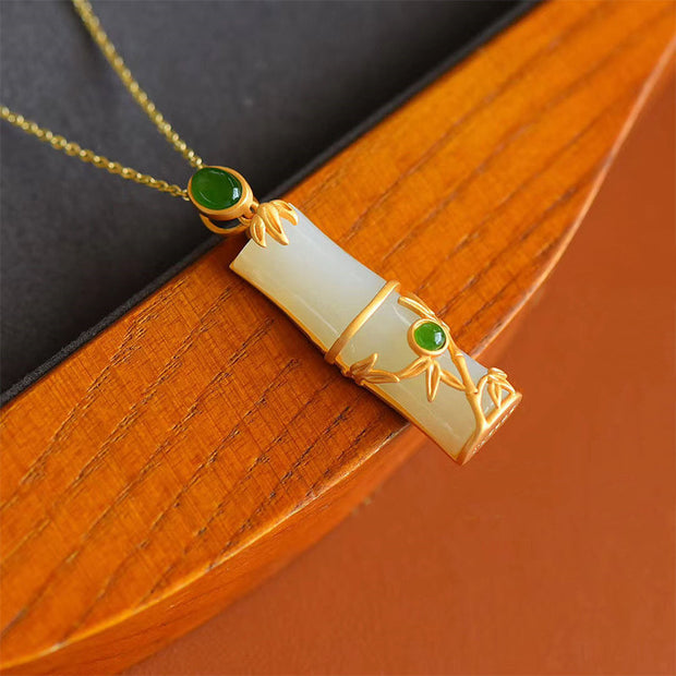 Buddha Stones White Jade Cyan Jade Bamboo Protection Necklace Pendant Necklaces & Pendants BS 5