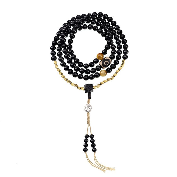 Buddha Stones Tibetan 108 Mala Beads Black Onyx Three-eyed Dzi Beads Protection Bracelet Mala Bracelet BS 18