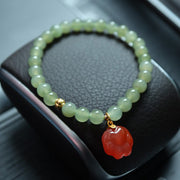 Buddha Stones 925 Sterling Silver Plated Gold Natural Hetian Jade Bead Gourd Lotus Bamboo Fu Character Luck Bracelet Bracelet BS Hetian Jade Cat Paw(Wrist Circumference 14-16cm)