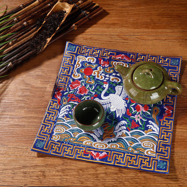 Buddha Stones Crane Phoenix Dragon Kirin Embroidered Cup Mat Pad Tea Cup Coaster Square Kung Fu Tea Mat