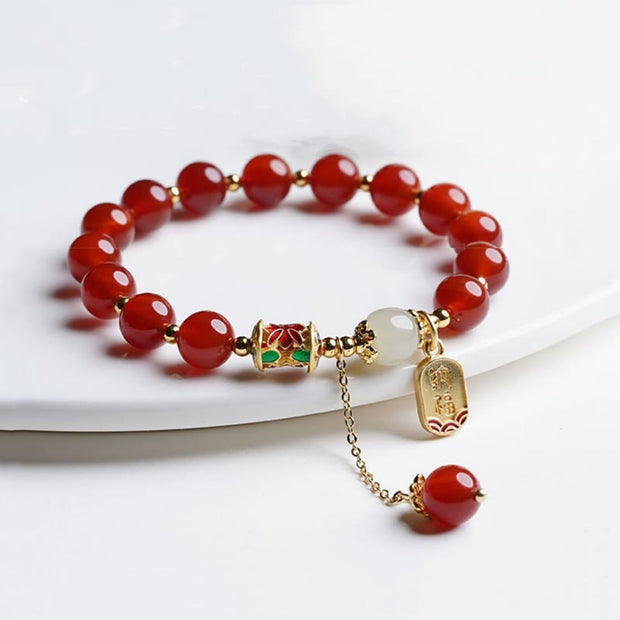 Buddha Stones Natural Red Agate Hetian Jade Fu Character Confidence Charm Bracelet Bracelet BS 5