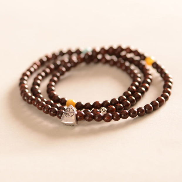 Buddha Stones 925 Sterling Silver Indian Small Leaf Red Sandalwood Fu Character Protection Triple Wrap Bracelet