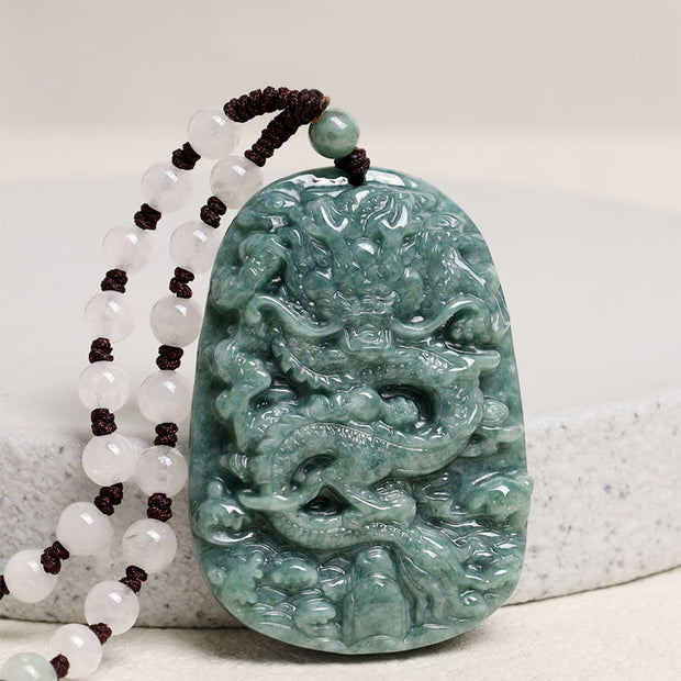 Buddha Stones Chinese Zodiac Dragon Jade Prosperity Necklace Bead String Pendant