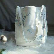 Buddha Stones Flower Crane Plum Blossom Embroidery Canvas Large Capacity Shoulder Bag Tote Bag Bag BS White Blue Plum Flower
