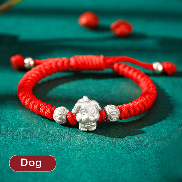Buddha Stones 999 Sterling Silver Chinese Zodiac Red Rope Luck Handcrafted Kids Bracelet Bracelet BS Dog(Bracelet Size 12+4cm)