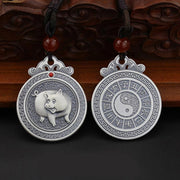 Buddha Stones 999 Sterling Silver Chinese Zodiac Yin Yang Balance Necklace Pendant Necklaces & Pendants BS Pig