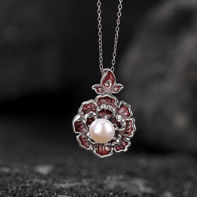 Buddha Stones 999 Sterling Silver Peony Flower Pearl Healing Necklace Pendant