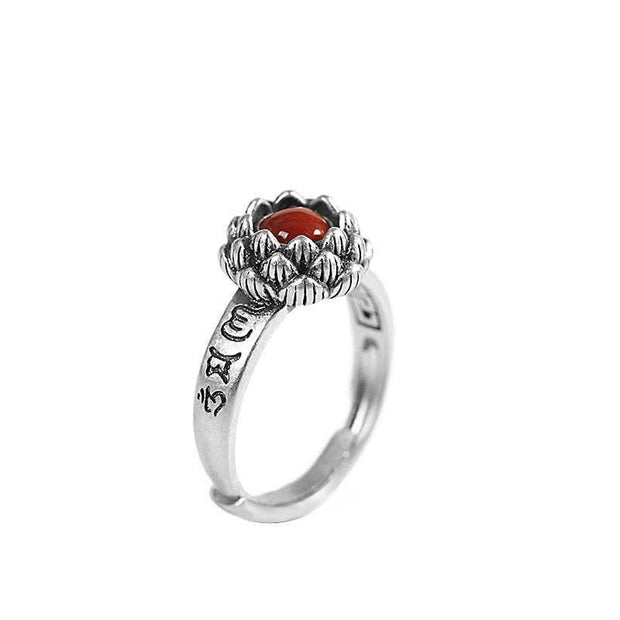 Buddha Stones925 Sterling Silver Lotus Red Agate Confidence Blessing Ring Ring BS 11