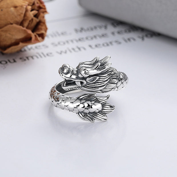 Buddha Stones 925 Sterling Silver Year Of The Dragon Luck Strength Adjustable Metal Ring