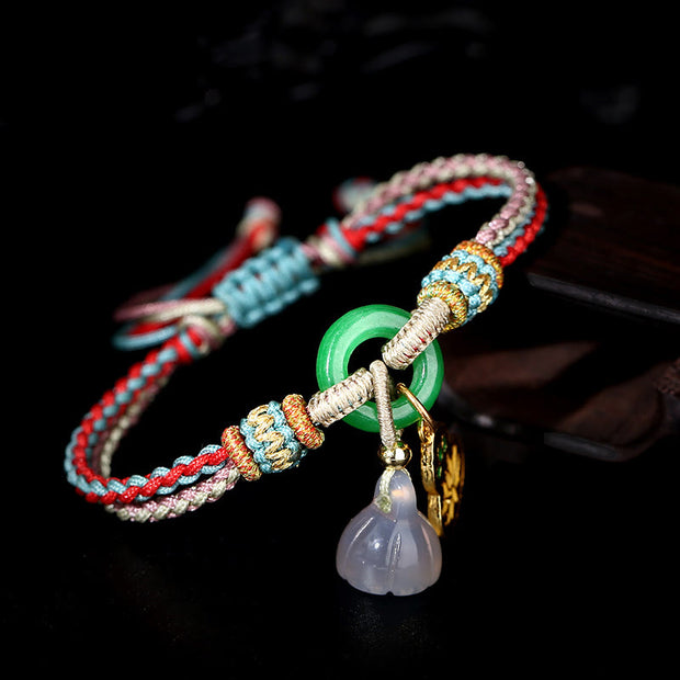 Buddha Stones Colorful Rope Chalcedony Lotus Jade Peace Buckle Harmony Gourd Charm Bracelet Bracelet BS 2