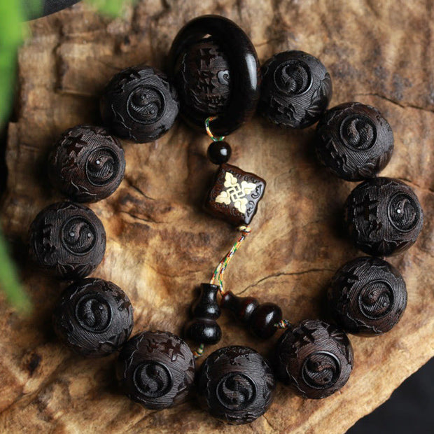 Buddha Stones Ebony Wood Chinese Character Yin Yang Engraved Gourd Balance Bracelet Bracelet BS Ebony(Balance♥Calm)