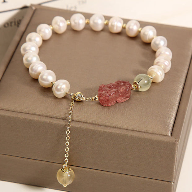 Buddha Stones Natural Pearl Strawberry Quartz PiXiu Optimism Charm Bracelet