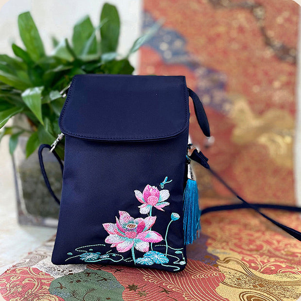 Buddha Stones Waterproof Handmade Embroidered Lotus Flowers Crossbody Bag Shoulder Bag Cellphone Bag Bag BS Blue Lotus Dragonfly