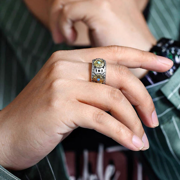Buddha Stones Feng Shui Five Emperor Coins Turquoise Wealth Ring