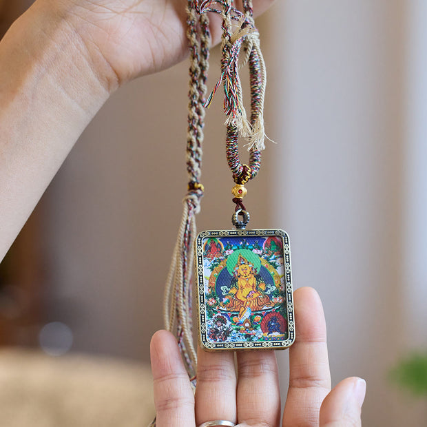 Buddha Stones Tibet Five Directions Gods of Wealth Hand-Painted Thangka Buddha Serenity Necklace Pendant