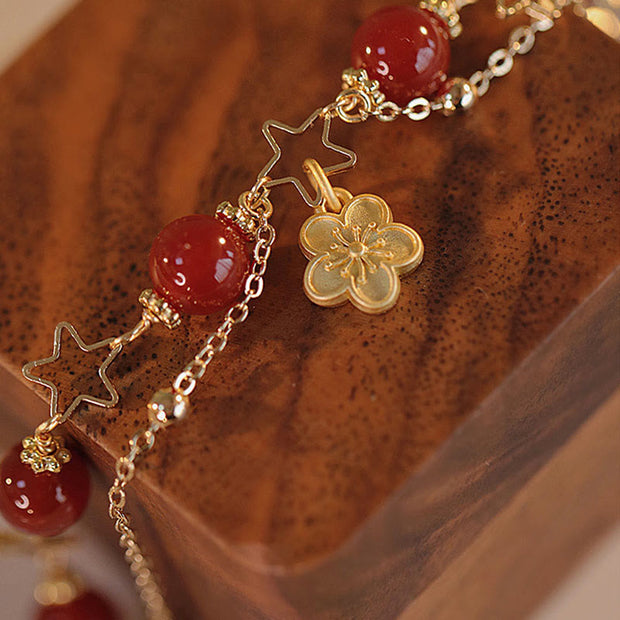Buddha Stones 14k Gold Plated Red Agate Star Flower Charm Calm Bracelet