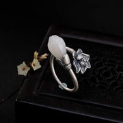 Buddha Stones Jade Lotus Copper Balance Healing Adjustable Ring Ring BS 7