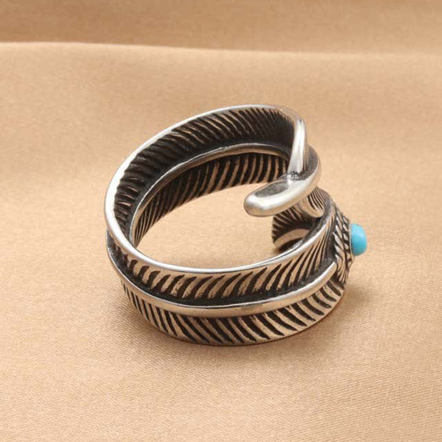 Buddha Stones Turquoise Titanium Steel Feather Wisdom Protection Ring Ring BS 7