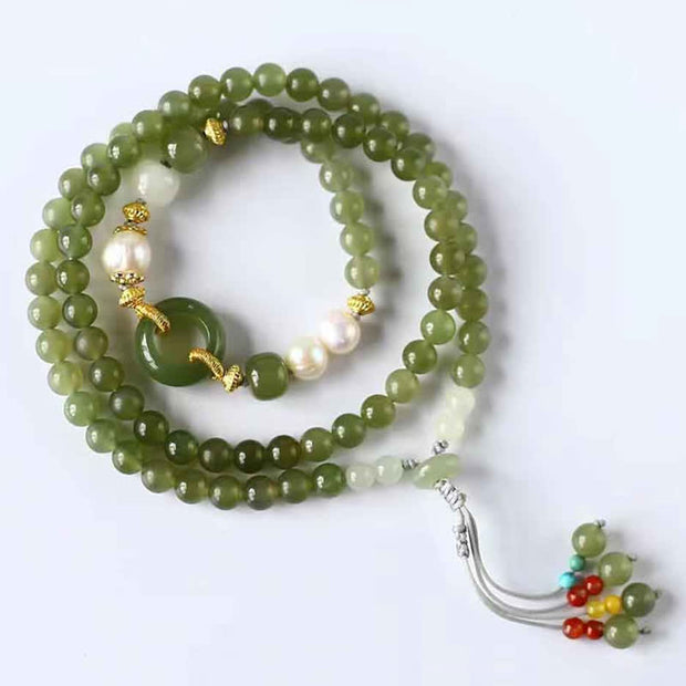 Buddha Stones Hetian Jade Pearl Peace Buckle Luck Wealth String Bracelet Bracelet BS 1