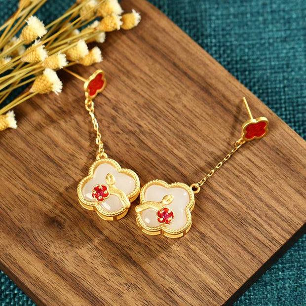 Buddha Stones 24K Gold Plated White Jade Four Leaf Clover Plum Blossom Luck Necklace Pendant Earrings Necklaces & Pendants BS 7