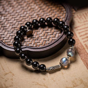 Buddha Stones 925 Sterling Silver Obsidian Moonstone Strength Couple Bracelet Bracelet BS 10mm