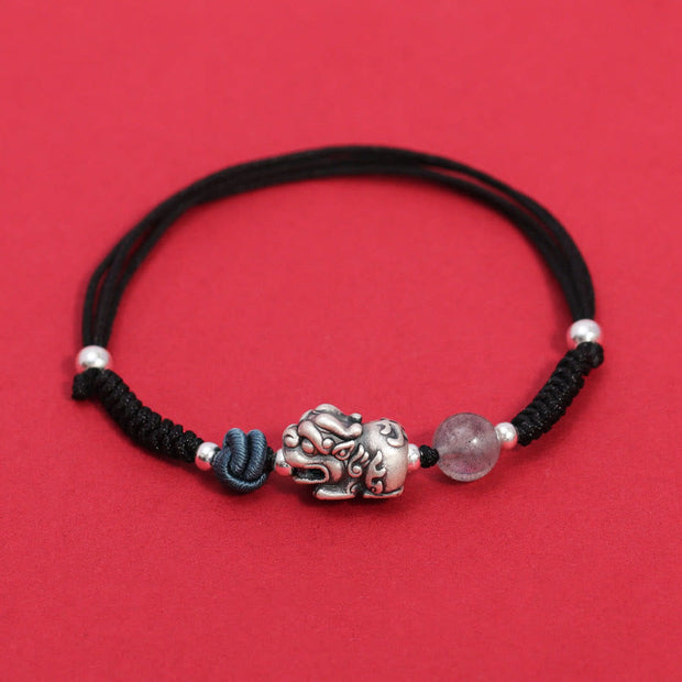 Buddha Stones 999 Sterling Silver PiXiu Strawberry Quartz Bead Wealth Luck Braided Bracelet Bracelet BS Black Rope(Wrist Circumference 14-19cm)